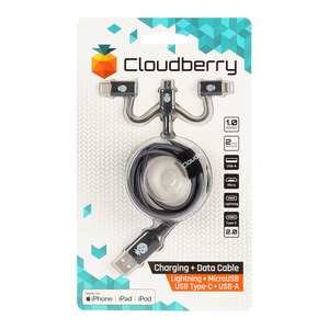 95-01123 | Cloudberry MicroUSB vastupidav andmekaabel, USB Type-C 2.0 ja Lightning, must, 1